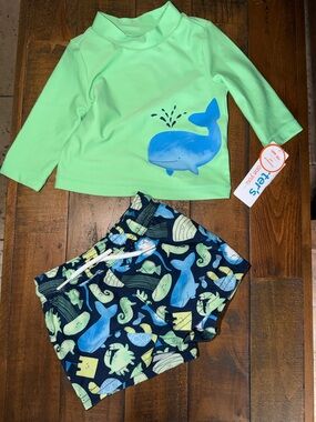 Infant Lime Green Rash Guard & Navy Sea Life Swim Shorts Set